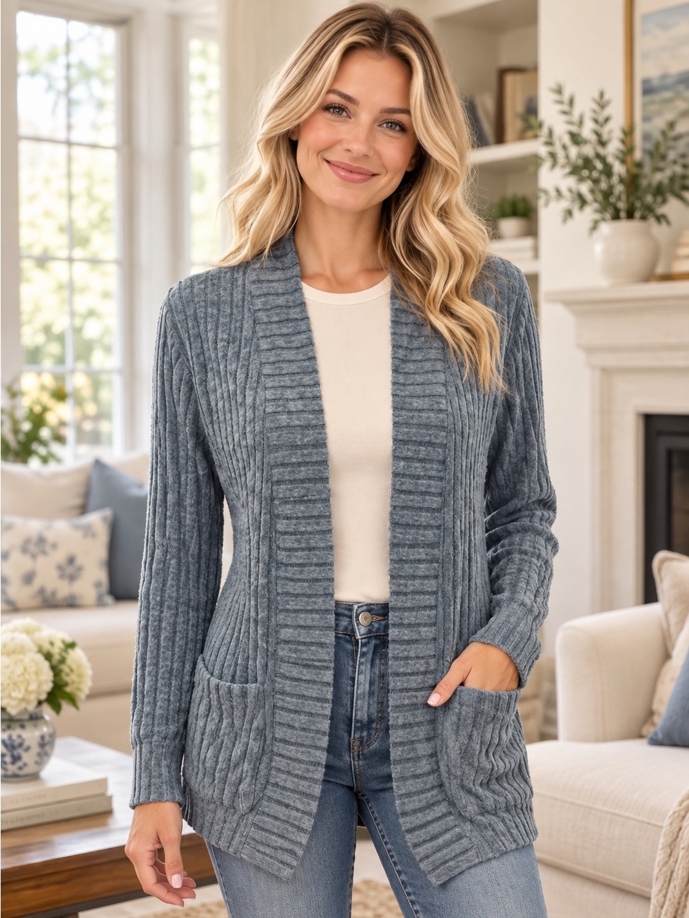 Ultra Soft Wide Rib Knit Open Front Cardigan Sweater with Pockets blue